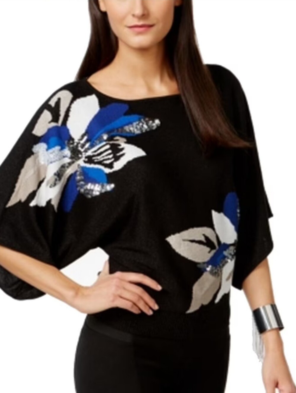 INC International Concepts Black Sweater with Blue and Cream Floral Appliqué
